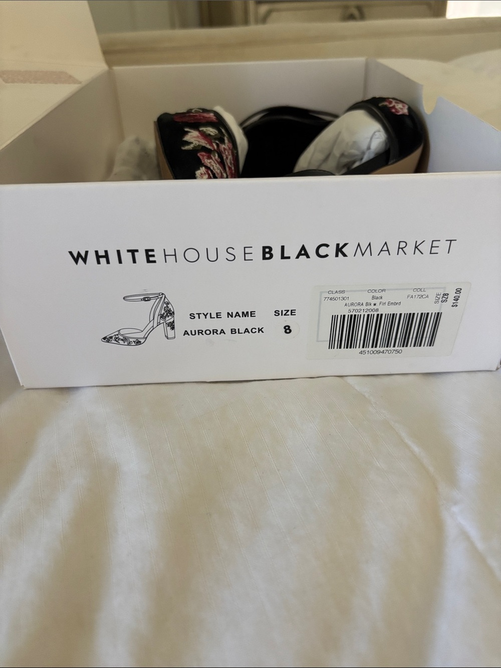White House Black Market Black Heels with Pink and Cream Floral Embroidery